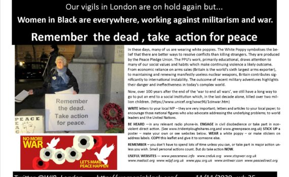 Image of vigil, white poppies and text about Remembrance